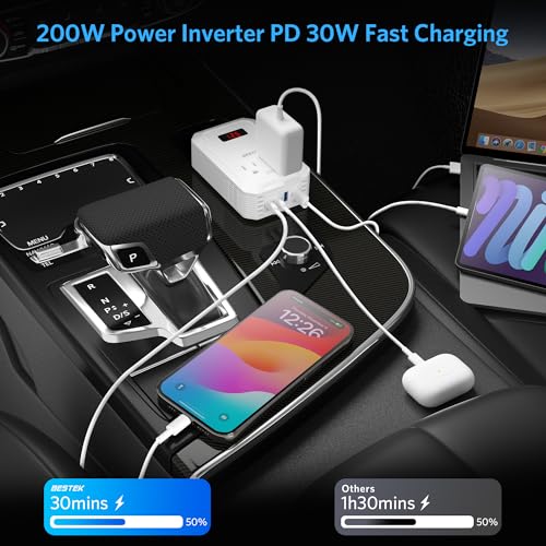 200W Car Power Inverter DC 12V to 110V AC Converter with 2 USB-C and 2 USB-QC LCD Screen Dual AC Adapter T98957