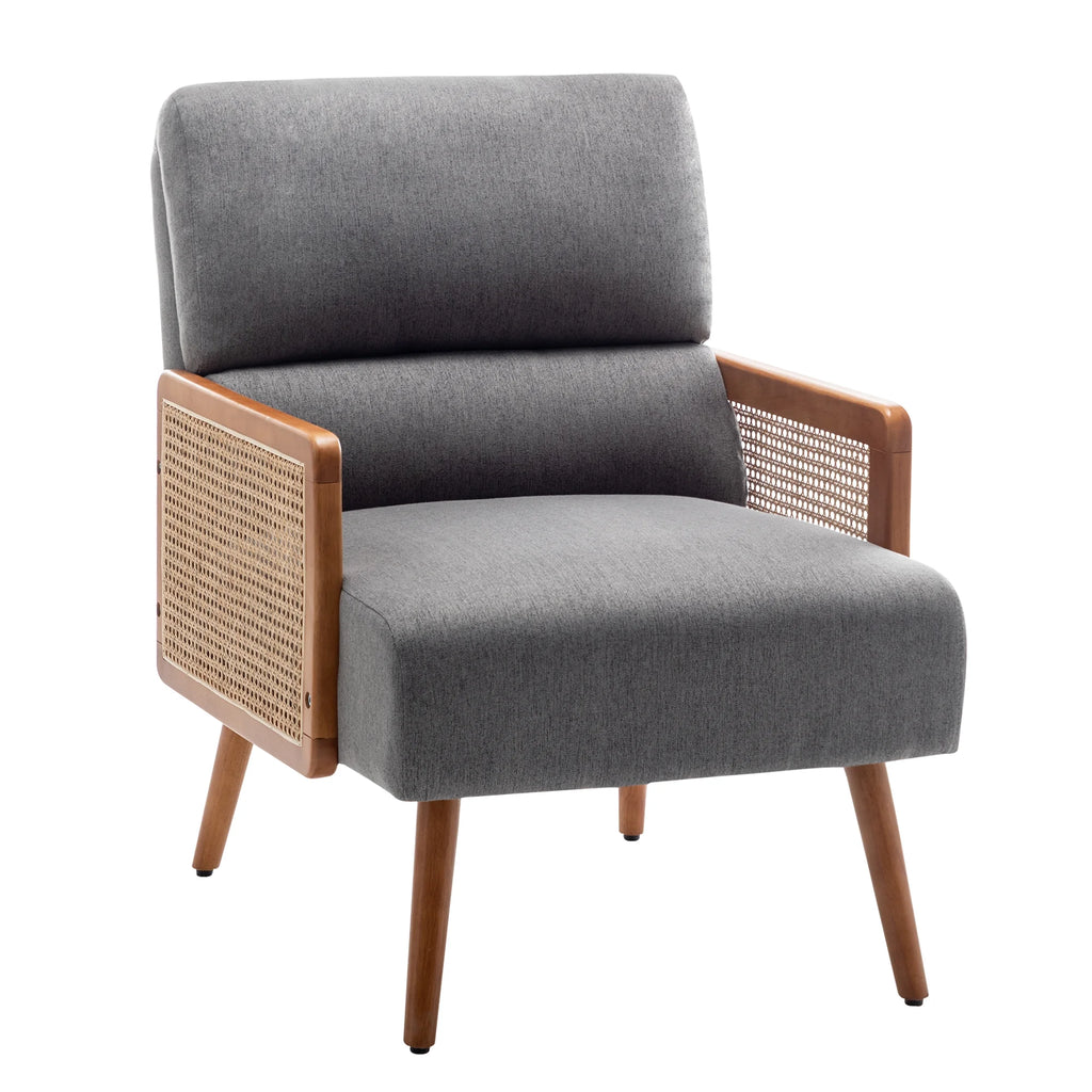 Fabric Upholstered Armchairs with Rattan Armrests G93813