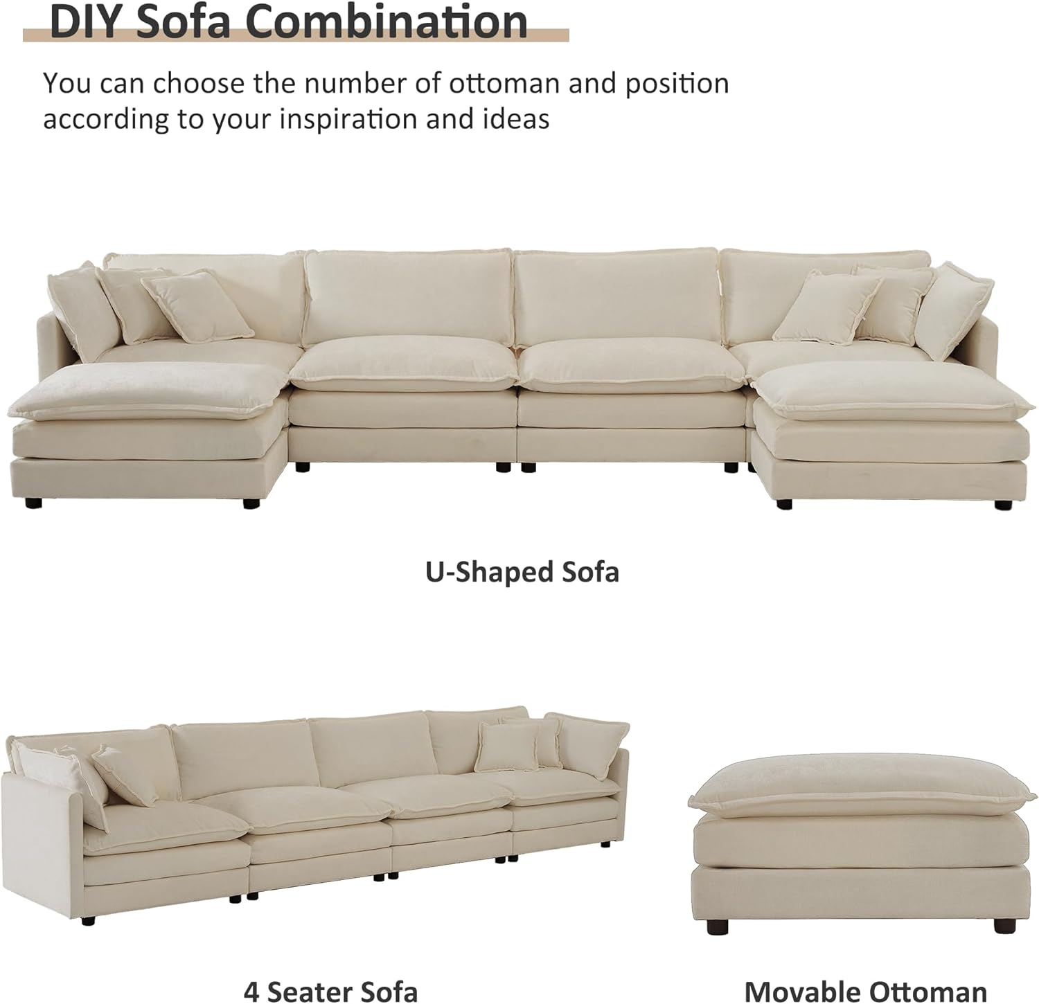 Oversized U-Shaped Modular Sectional Sofa Couch, Soft Chenille, Camel U212245