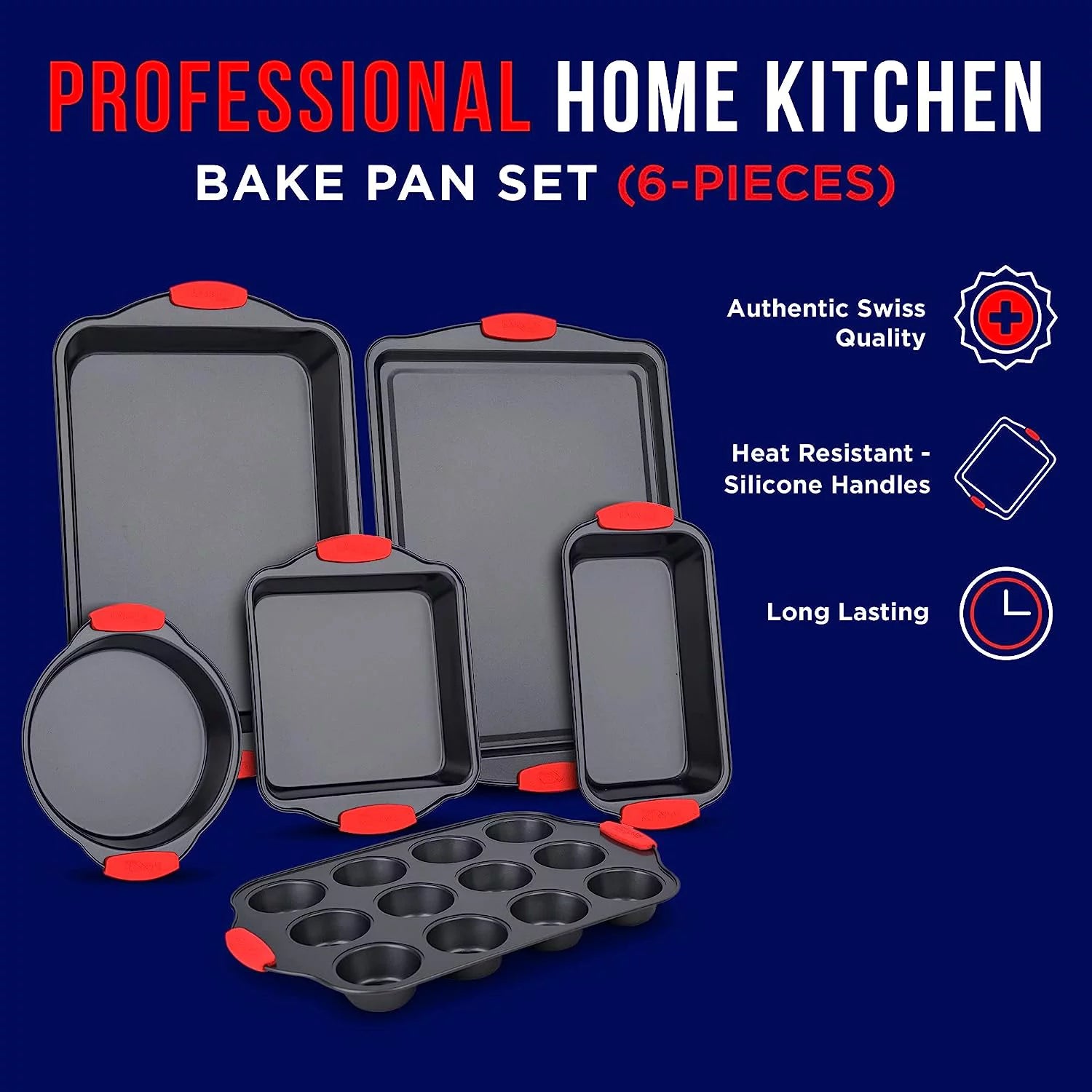6 Piece Non-Stick Carbon Steel Bakeware Set with Red Silicone Handles Z7135