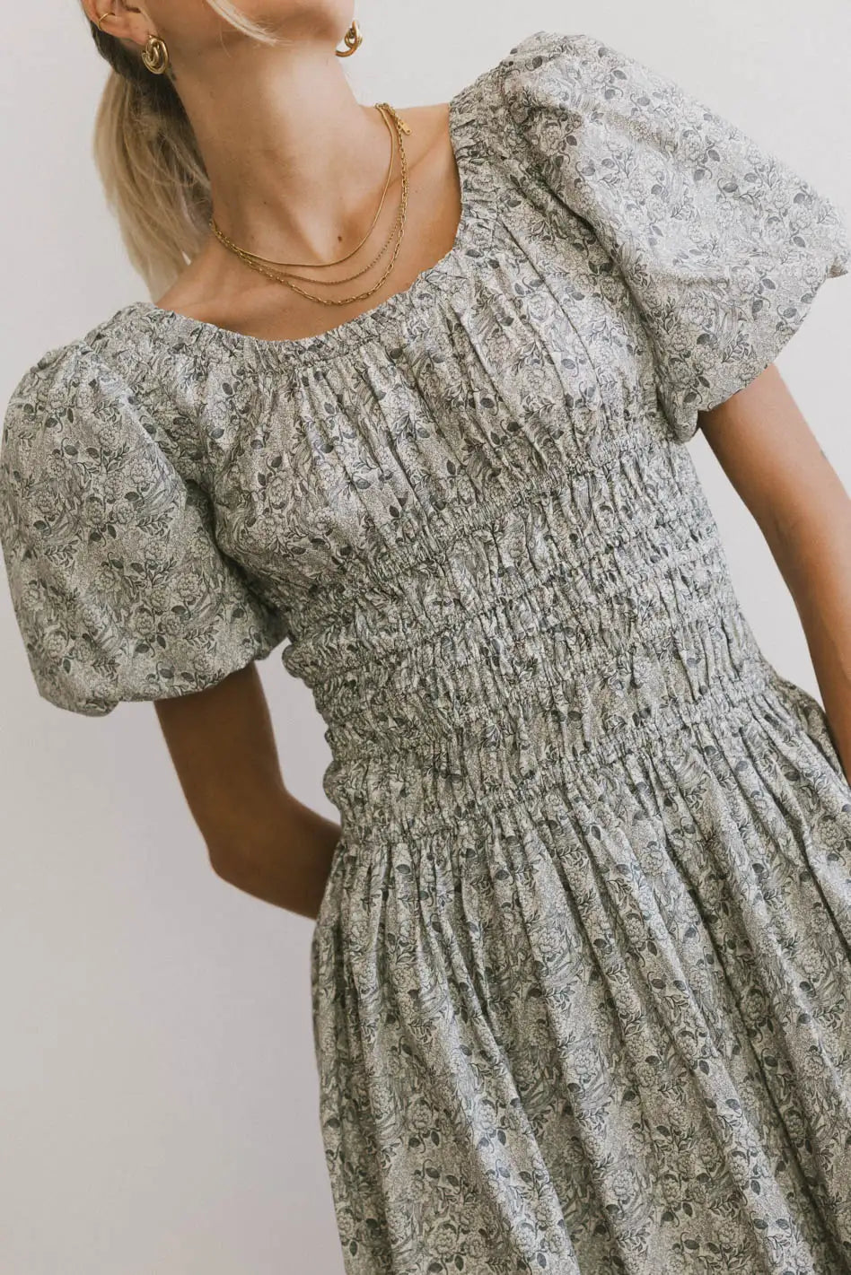 Smocked Floral Dress in Navy A5114
