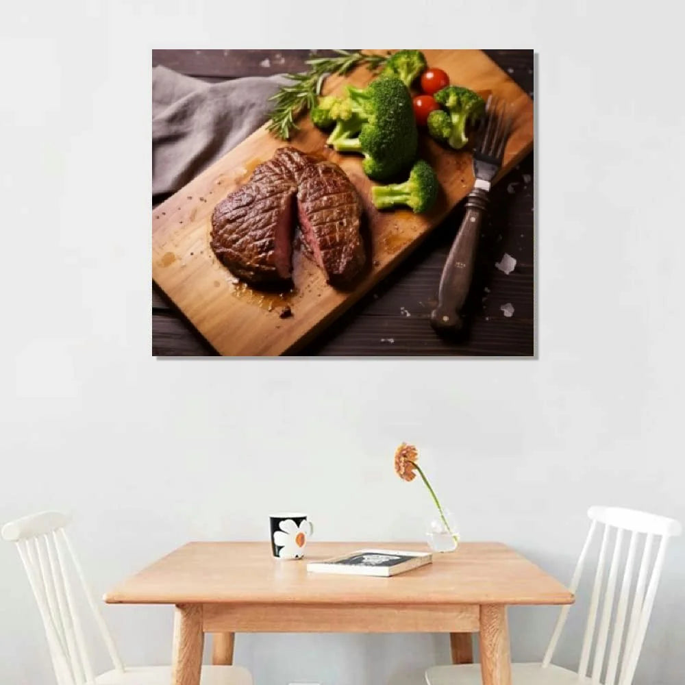Medium Rare Grilled Beef Steak Ribeye With Broccoli On Cutting Board On Wooden Background Canvas Prints Poster Wall Art With Framed B7782
