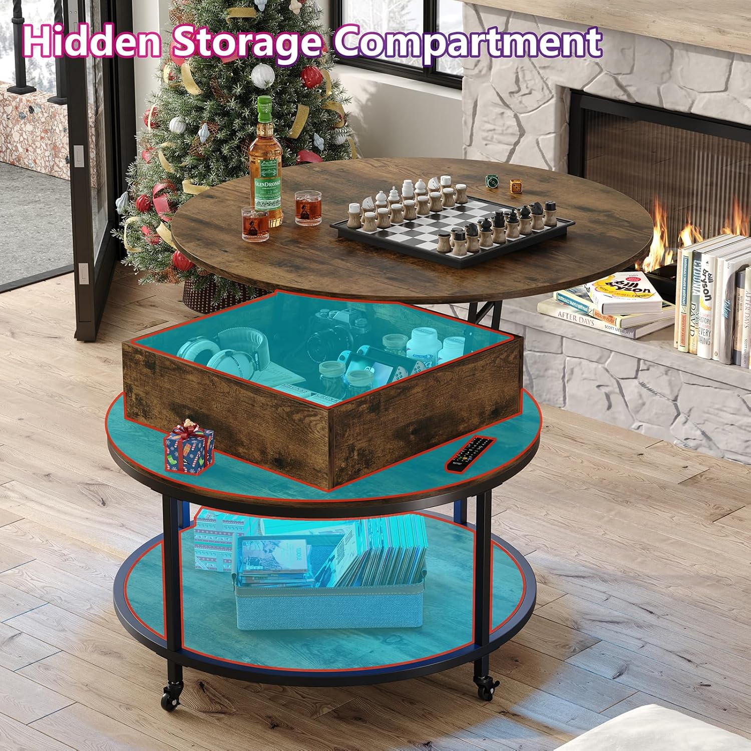 Rustic Brown Lift Top Round Coffee Table with 2-Tier Storage & Wheels C30371