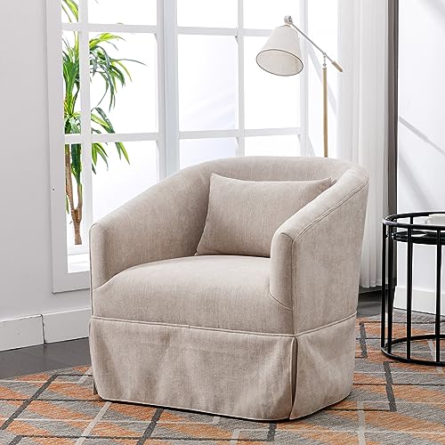 Swivel Accent Armchair Set of 2, Upholstered 360 Degree Swivel Barrel Chair with Skirt, Round Armchair with Metal Base and 1 Pillow J8981