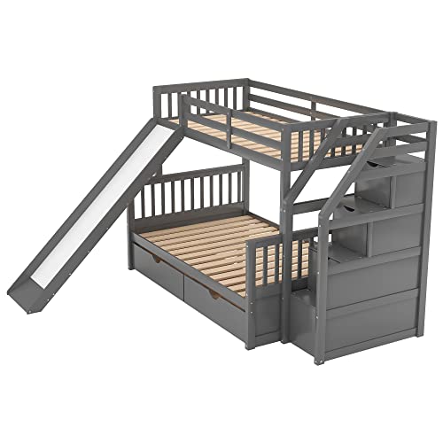 Grey Wood Twin Over Full Bunk Bed with Slides and Drawers D5069