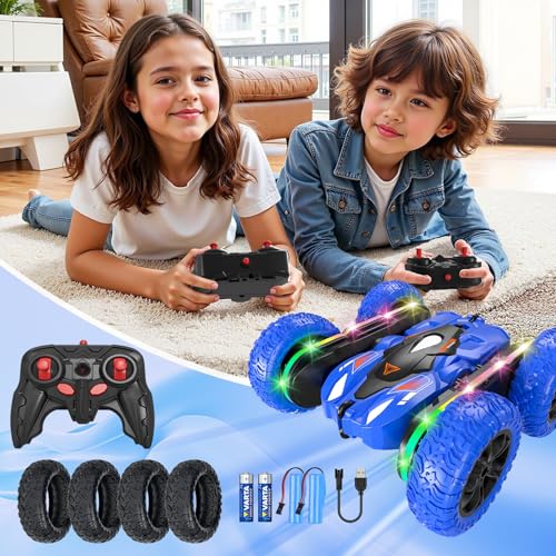Remote Control Car with LED-Strips, 360° Flips Stunt Toy Cars, 40 Min Playtime with Dual Batteries & Extra Tires S11948
