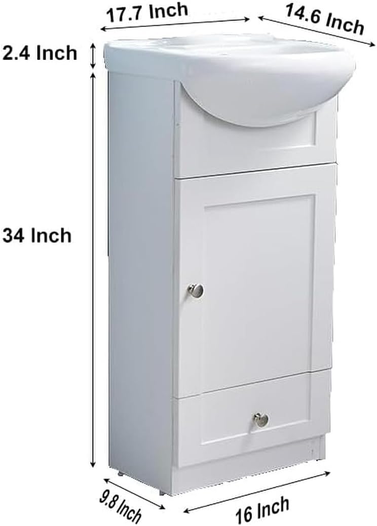 18" White Bathroom Vanity with Sink and 1 Door 1 Drawer H8047
