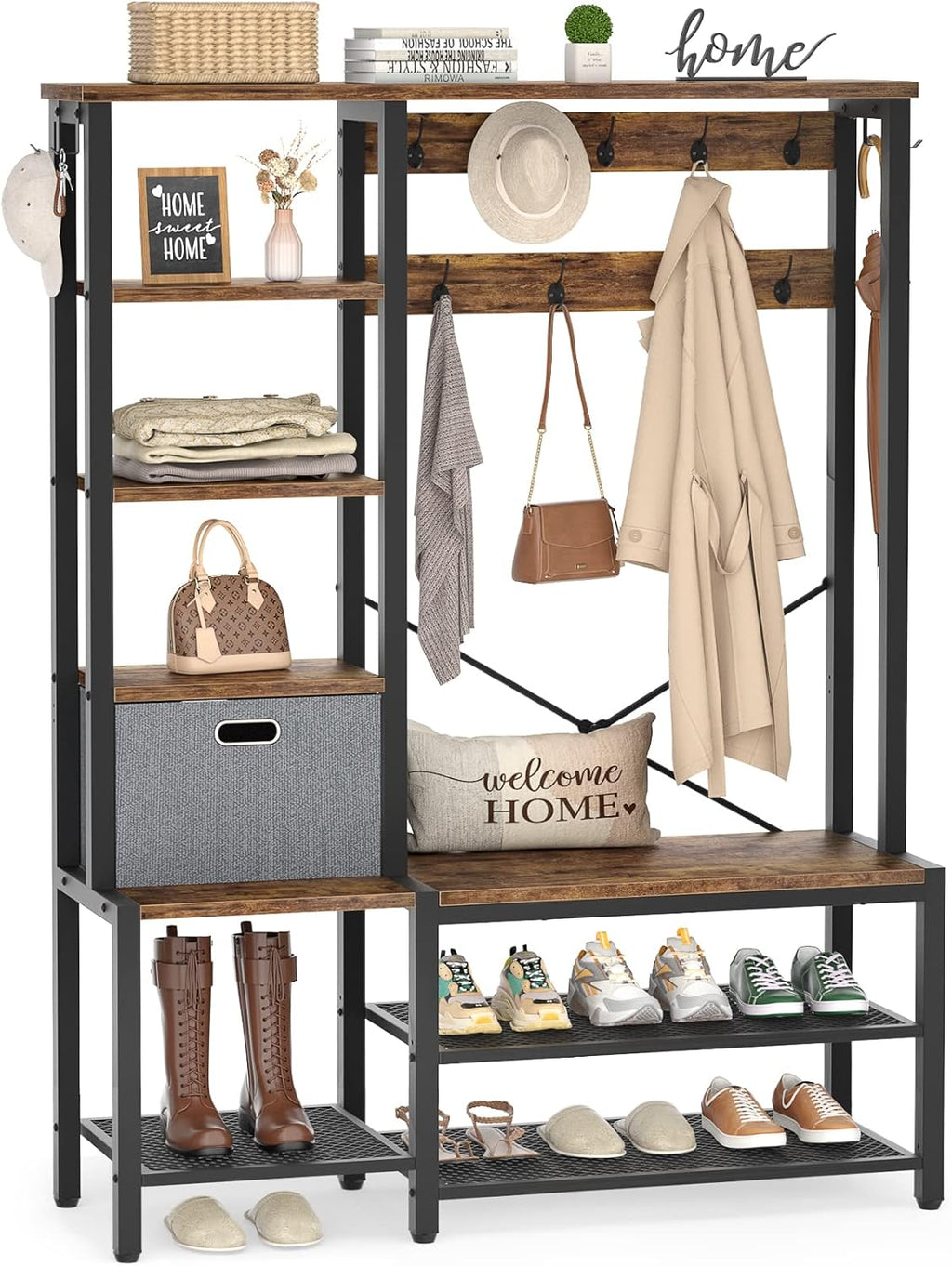 Rustic Brown Hall Tree with Storage Bench, Coat Rack, 5-Tier Shelves, Fabric Storage Basket, Side hooks, Metal Frame L41046