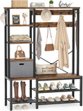 Rustic Brown Hall Tree with Storage Bench, Coat Rack, 5-Tier Shelves, Fabric Storage Basket, Side hooks, Metal Frame L41046