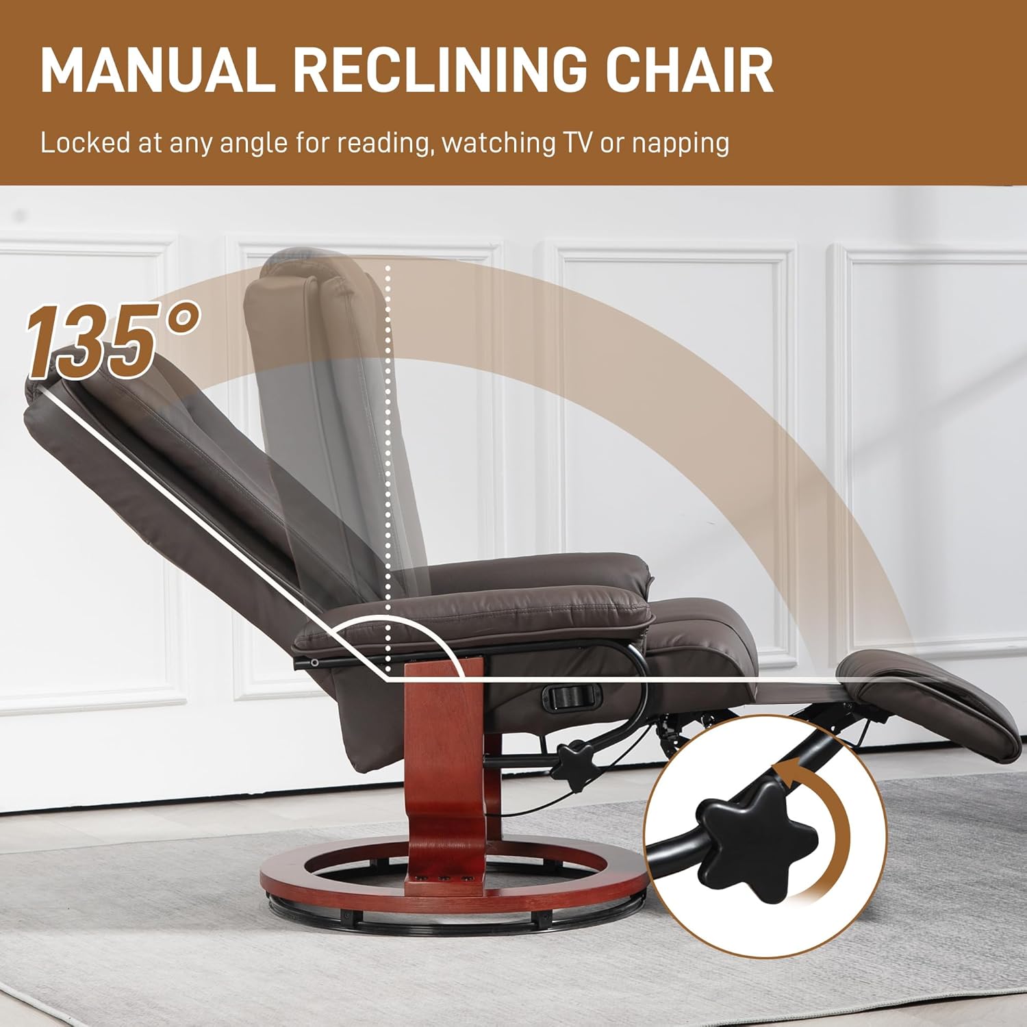 Brown PU Leather Manual Swivel Recliner Chair with Footrest H859058