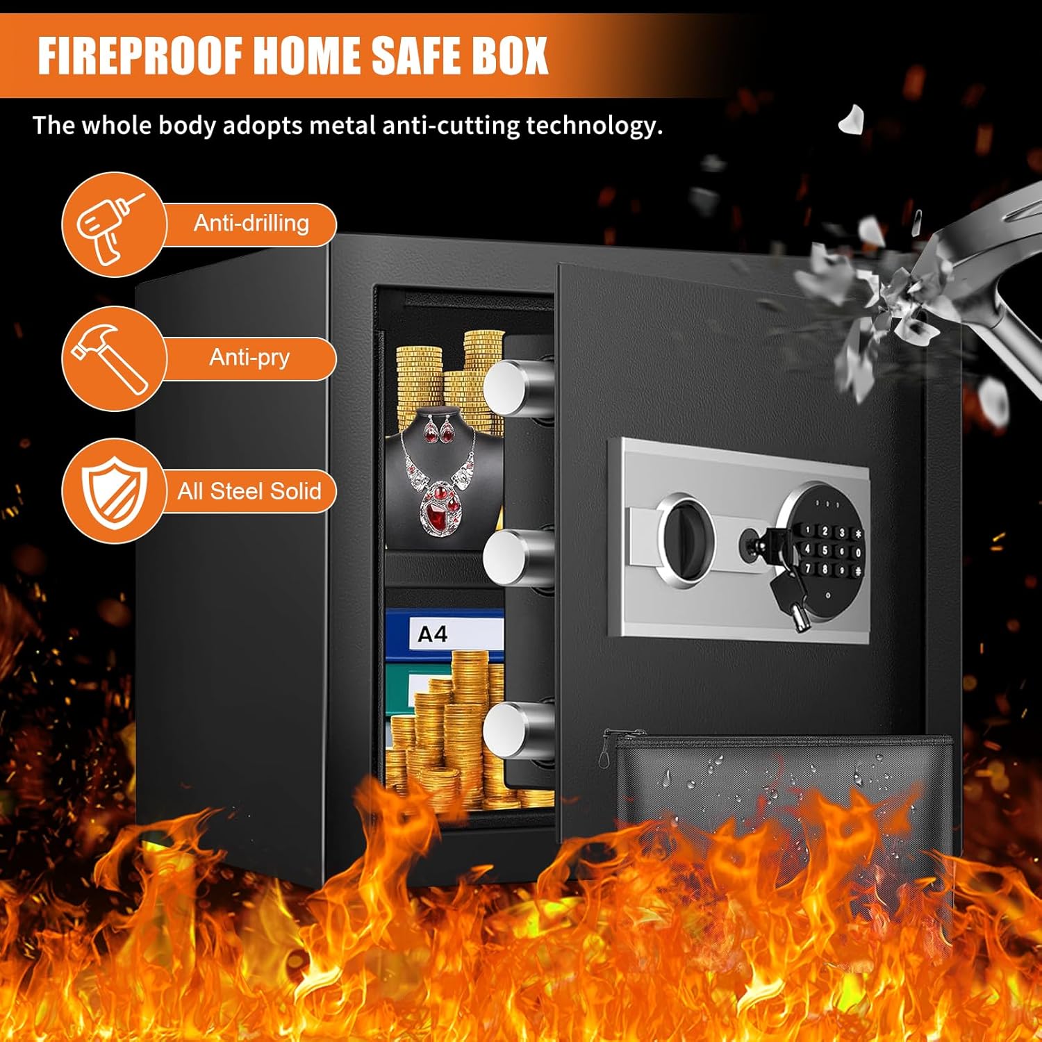 1.5 Cu ft Fireproof Waterproof Digital Home Safe Box with Detachable Shelf D538429