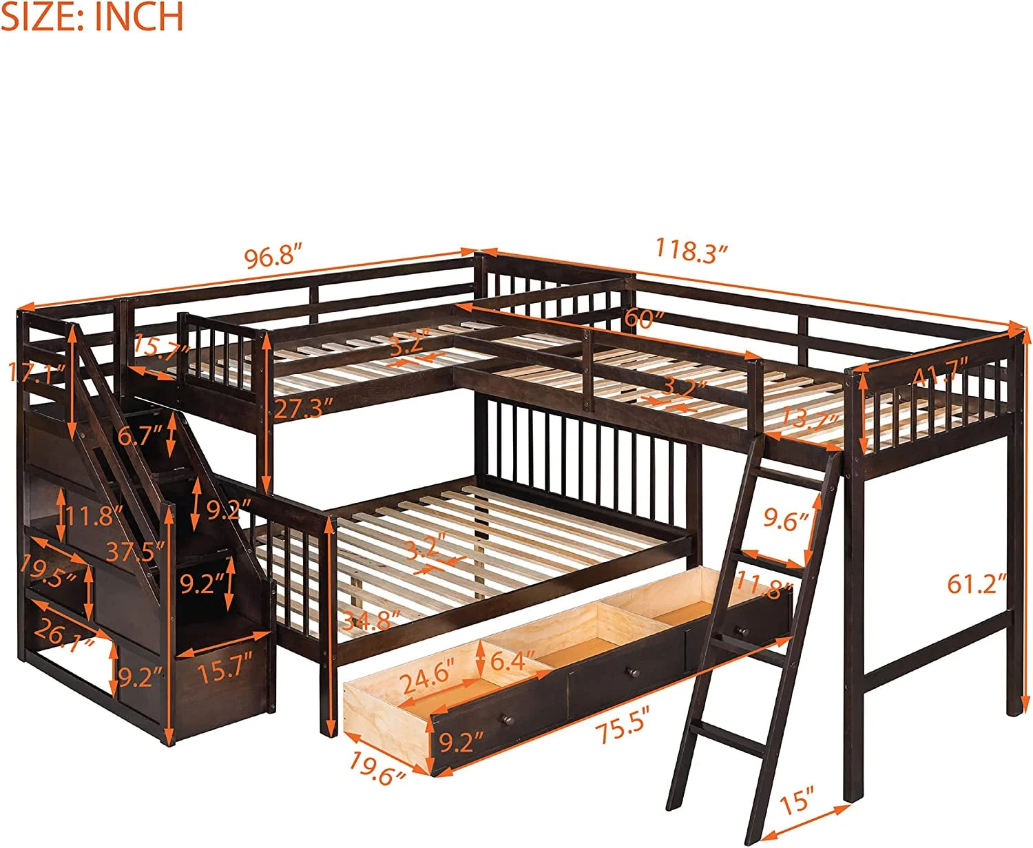 Twin Over Full L-Shaped Triple Bunk Bed with 3 Storage Drawers and Stairs B372387