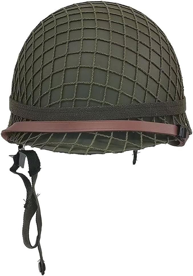 WW2 US Army M1 Helmet Metal Steel Shell Replica with Net Canvas Chin Strap Cat Eye Band B257120