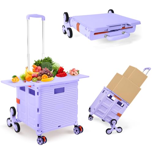 Foldable Utility Cart with Stair Climbing Wheels, Collapsible Rolling Crate with Magnetic Lid Telescopic Cover, Telescoping Handle, 360° Rotate Wheel Hand Cart (Purple) V69719