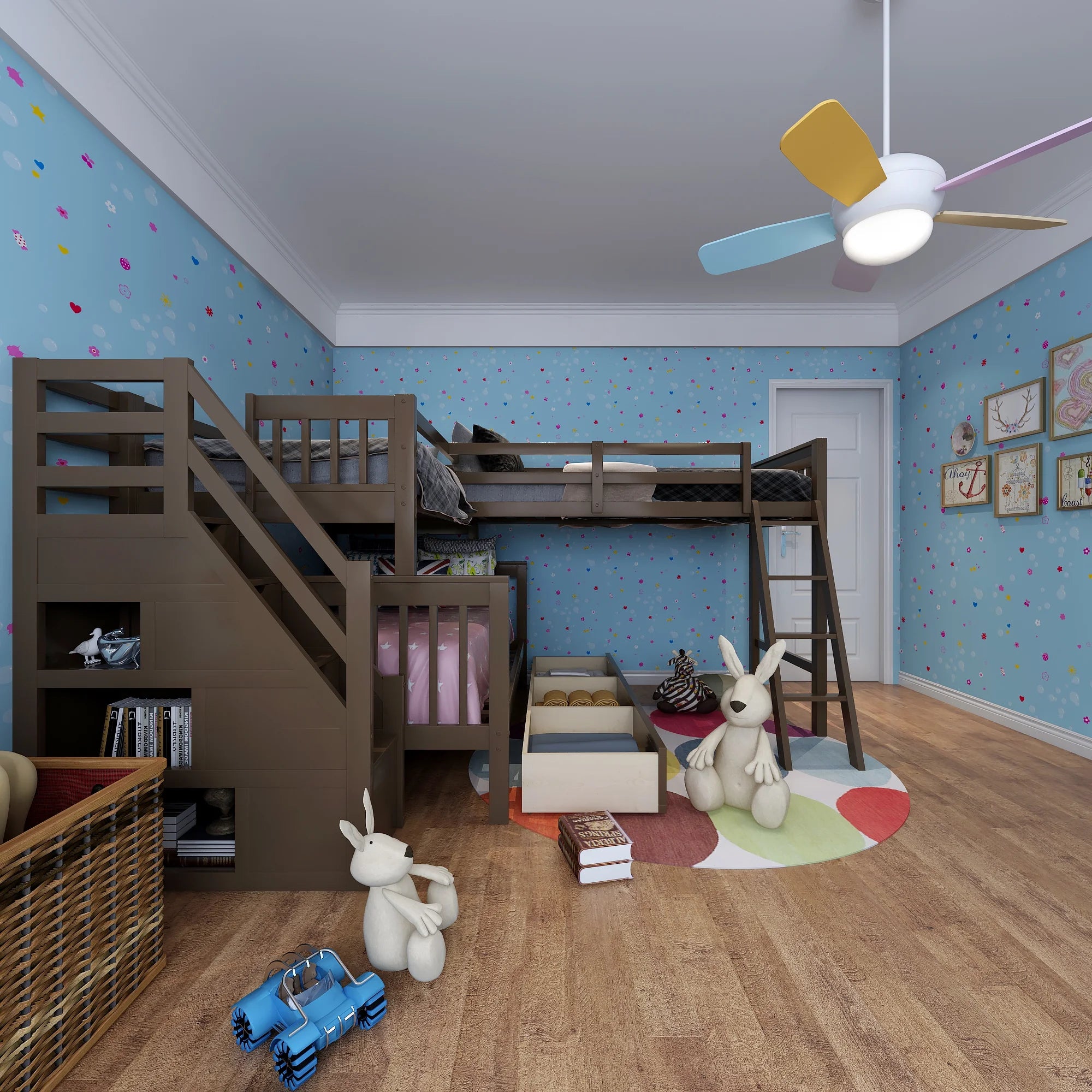Twin Over Full L-Shaped Triple Bunk Bed with 3 Storage Drawers and Stairs B372387