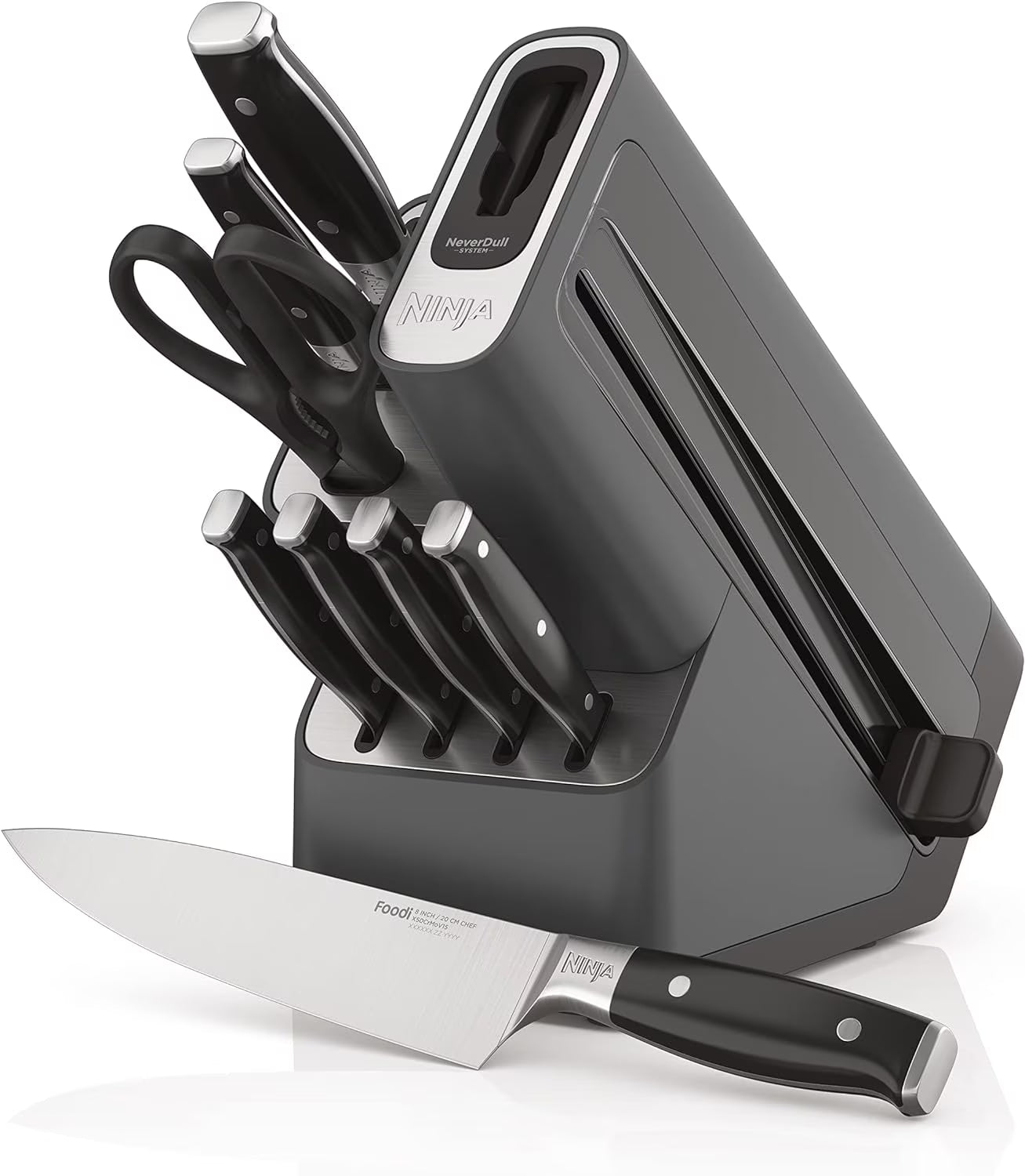 9 Piece German Stainless Steel Knife Block Set with Built-in Sharpener, Black X948