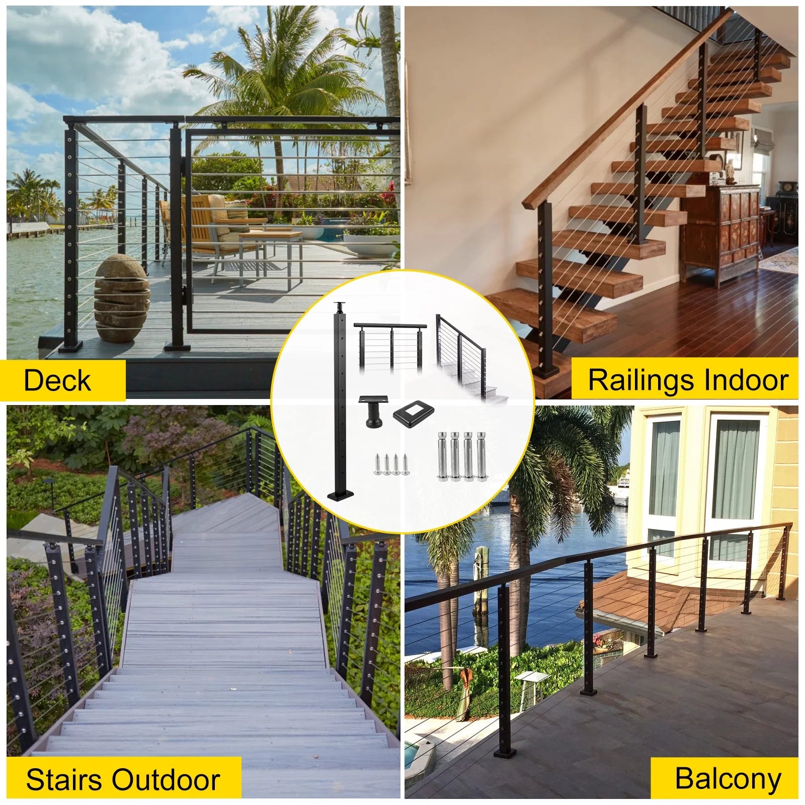 Black Stainless Steel Handrail Post 42 x 1.97 x 1.97" V369