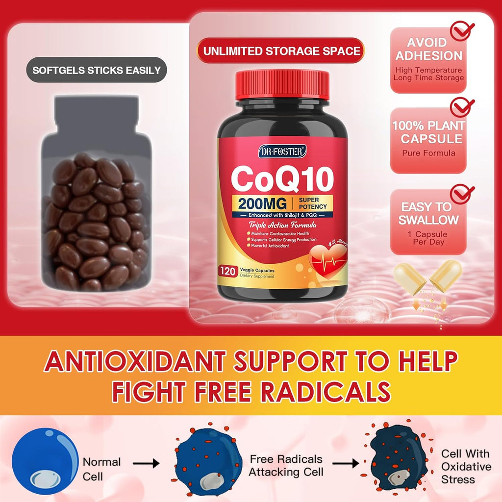CoQ10 200mg with PQQ & Shilajit High Absorption Coenzyme Q10 Supplements 120 Veggie Capsules X89146