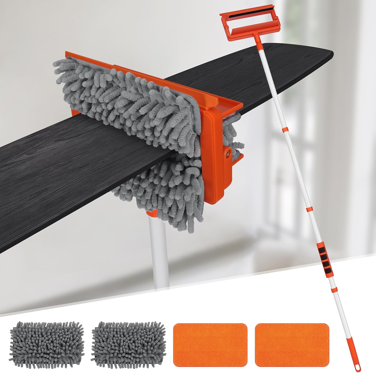 62.5‘’ Extendable Long Handle Ceiling Fan Cleaning Tool with Reusable Chenille & Microfiber Mop Head A739