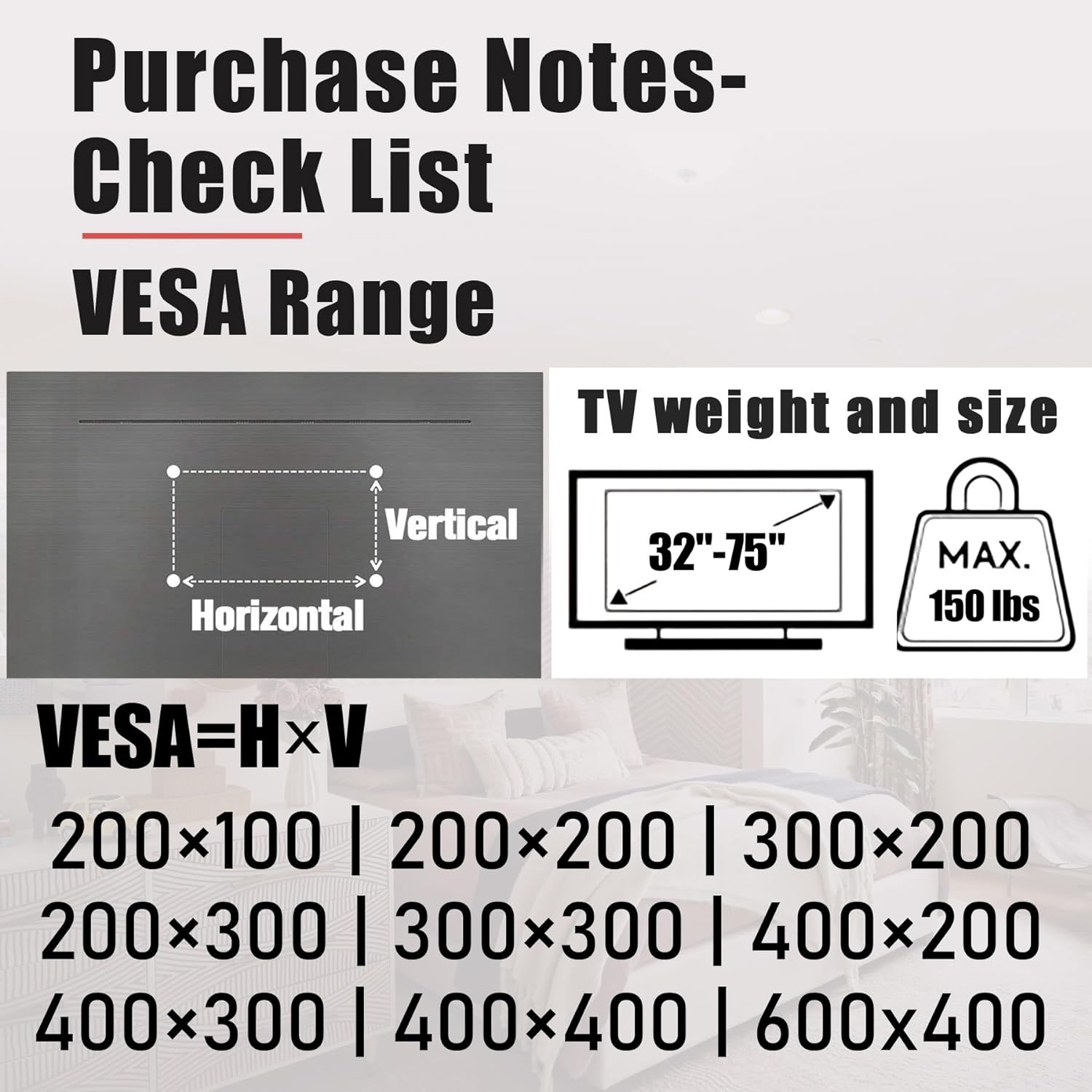 TV Wall Mount, 32-75 inch, VESA 100x100 to 600x400 T168430