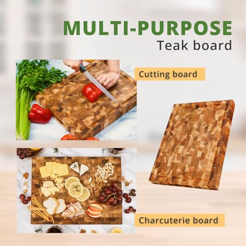 Teak Wood End Grain Cutting Board with Juice Groove Hand Grip (Medium 18x14x1.5 inches) G11665