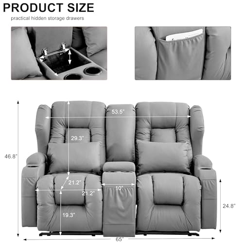 Beige Manual Reclining Loveseat Sofa with Console and Cup Holders A942