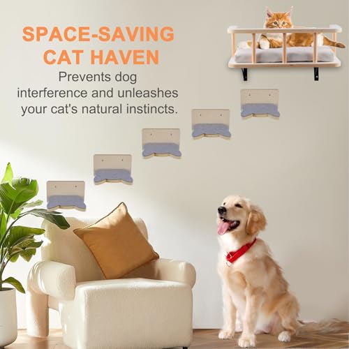 Natural Wood Cat Wall Shelves with 5 Steps D41925