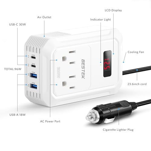 200W Car Power Inverter DC 12V to 110V AC Converter with 2 USB-C and 2 USB-QC LCD Screen Dual AC Adapter T98957