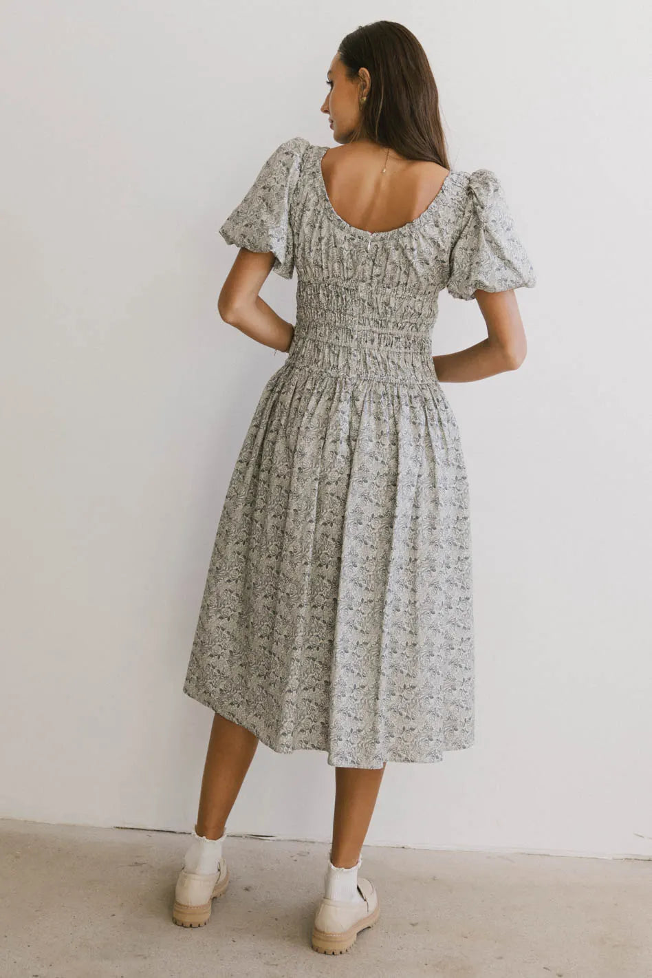 Smocked Floral Dress in Navy A5114