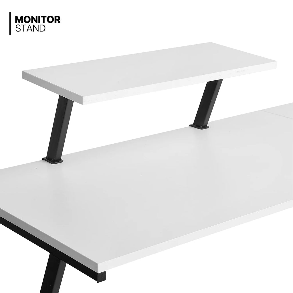 White L Shaped Corner Gaming Desk with Monitor Stand T2897