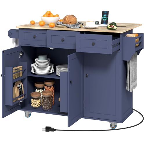 White Rolling Kitchen Island with Wood Top, 3 Drawers, Adjustable Shelf H448543