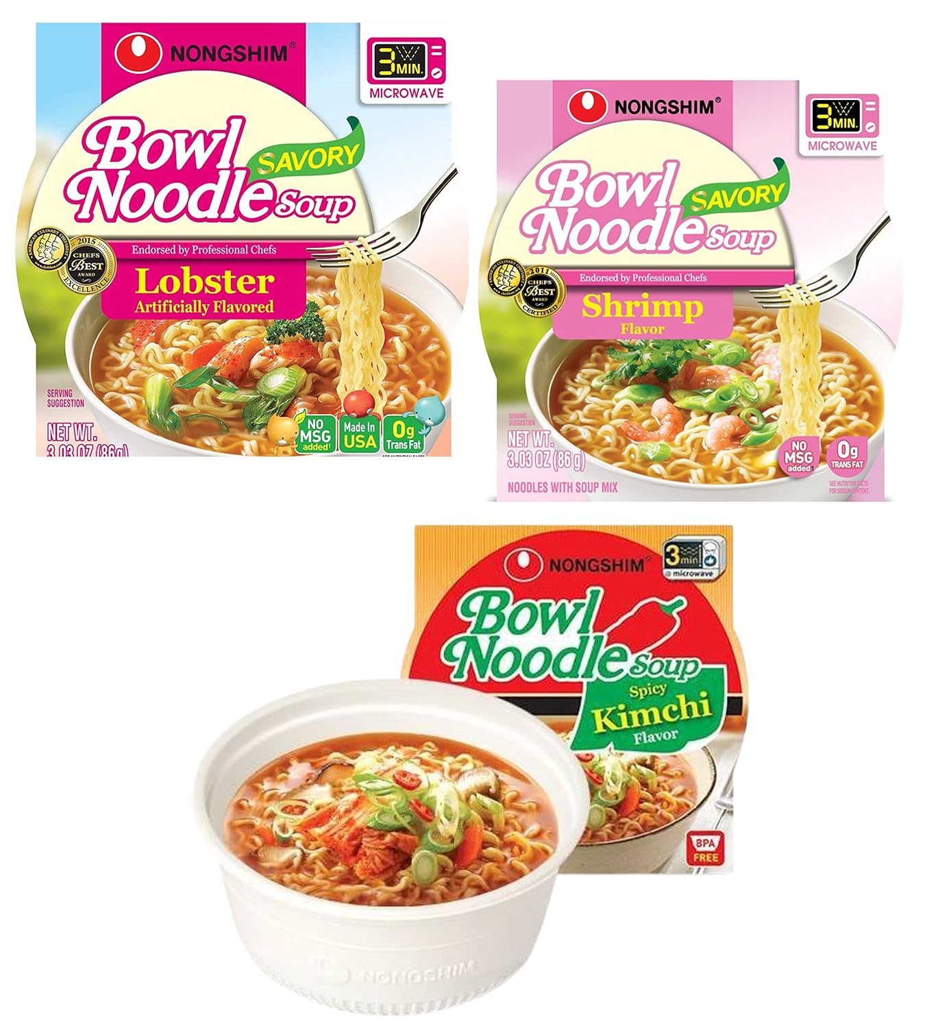 Bowl Noodle Soup, LOBSTER, SHRIMP, SPICY KIMCHI Flavor (Pack Of 3 x 3.03 Oz) T534423