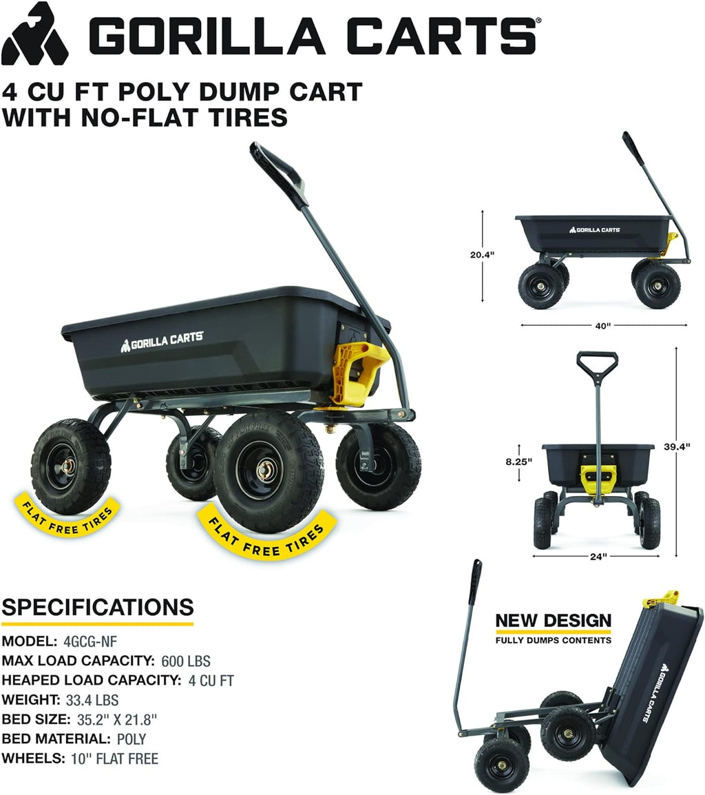 4 Cu. Ft. Poly Garden Dump Cart with No-Flat Tires, Black Q5284