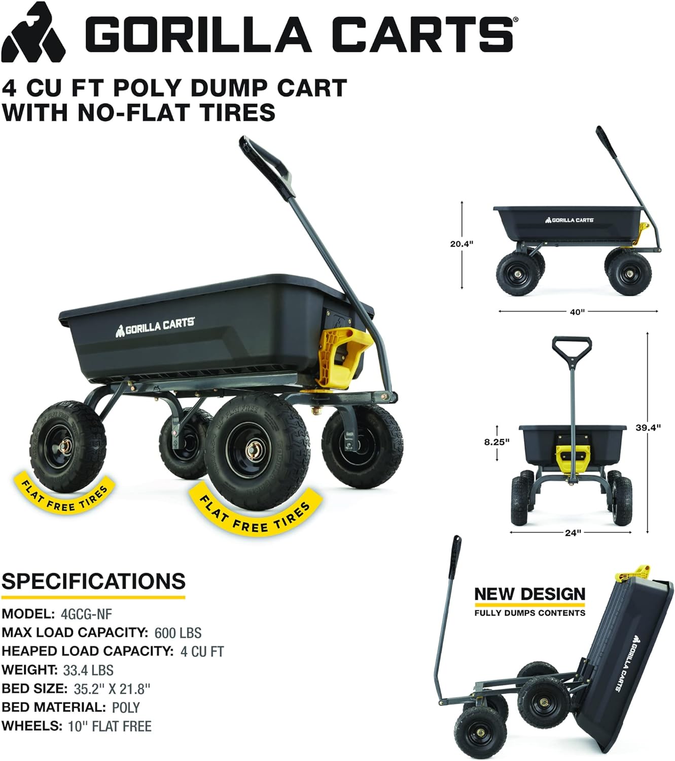 4 Cu. Ft. Poly Garden Dump Cart with No-Flat Tires, Black Q5284