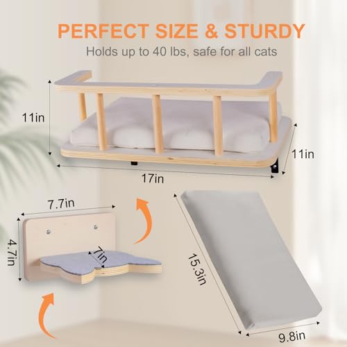 Natural Wood Cat Wall Shelves with 5 Steps D41925