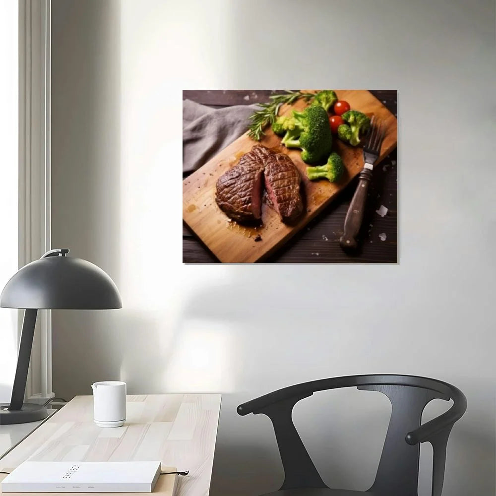 Medium Rare Grilled Beef Steak Ribeye With Broccoli On Cutting Board On Wooden Background Canvas Prints Poster Wall Art With Framed B7782