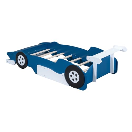Yellow Twin Size Car-Shaped Wooden Platform Bed with Wheels Y931239
