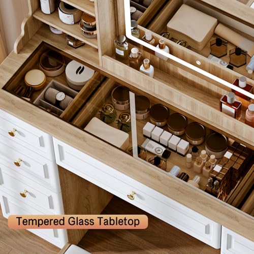 White 9 Drawer Glass Top Makeup Vanity Desk with Mirror and Lights C224