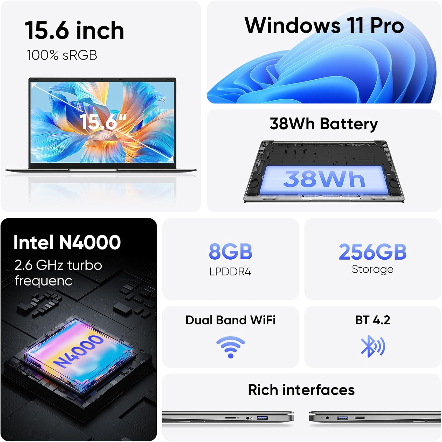 15.6" Windows 11 Pro Laptop, 8GB RAM 256GB Storage, Intel Celeron N4000, Silver U1514
