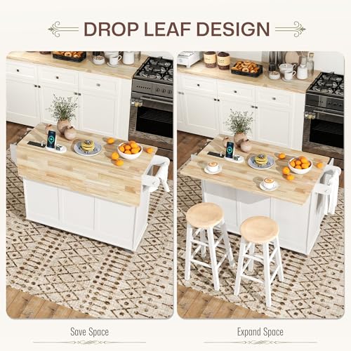 White Rolling Kitchen Island with Wood Top, 3 Drawers, Adjustable Shelf H448543