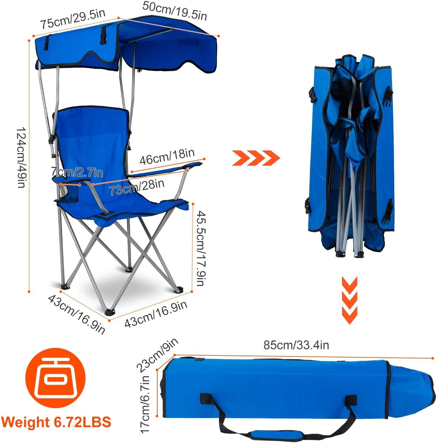 Heavy Duty Folding Camping Lawn Chair with Shade Canopy and Cup Holder (Blue) D4526