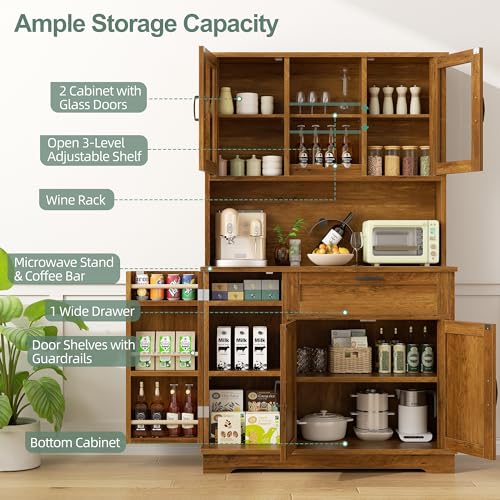 Brown Freestanding Kitchen Pantry Storage Cabinet with Microwave Stand, 4 Door Shelves, Adjustable Shelves and Wine Rack H556463