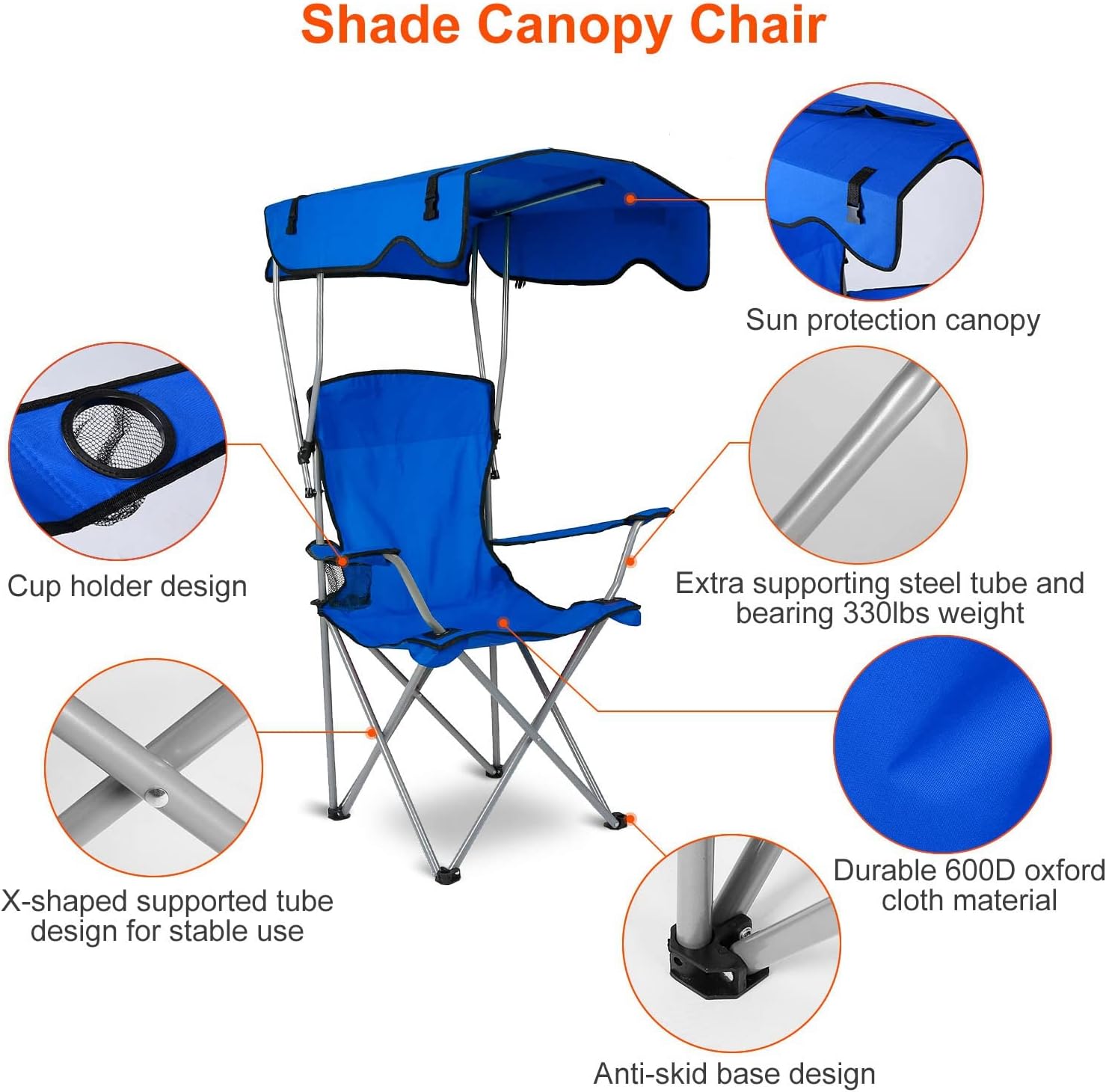 Heavy Duty Folding Camping Lawn Chair with Shade Canopy and Cup Holder (Blue) D4526