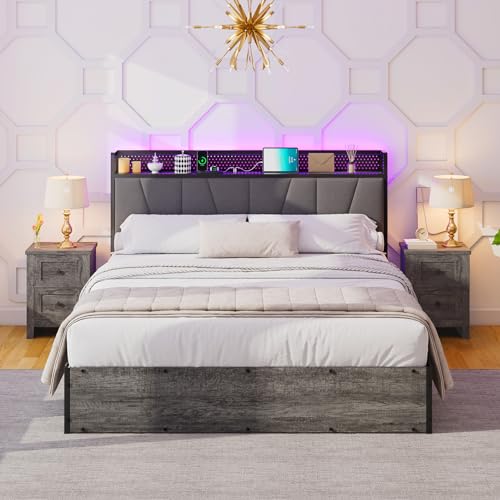 Black Linen Upholstered Full Size Lift Up Storage Bed Frame with LED Lights and Charging Station R32016