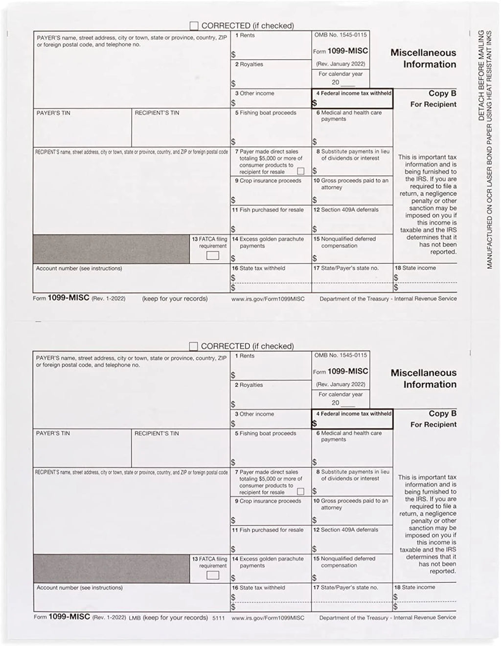 1099 Misc Forms 2022, 4 Part Laser Tax Forms, 25-Pack K522
