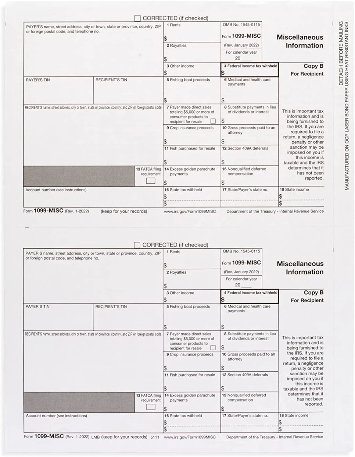 1099 Misc Forms 2022, 4 Part Laser Tax Forms, 25-Pack K522