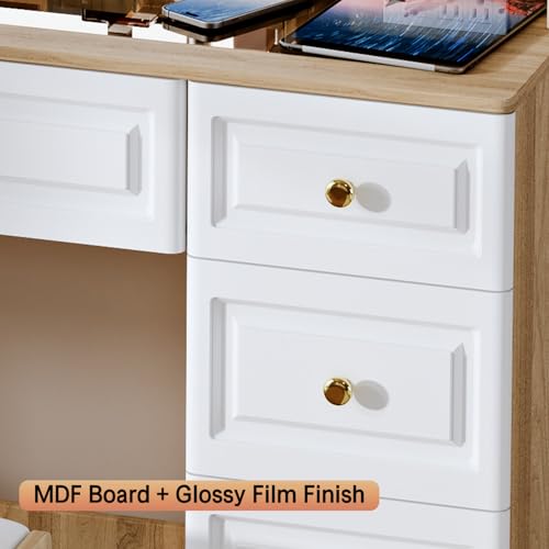 White 9 Drawer Glass Top Makeup Vanity Desk with Mirror and Lights C224