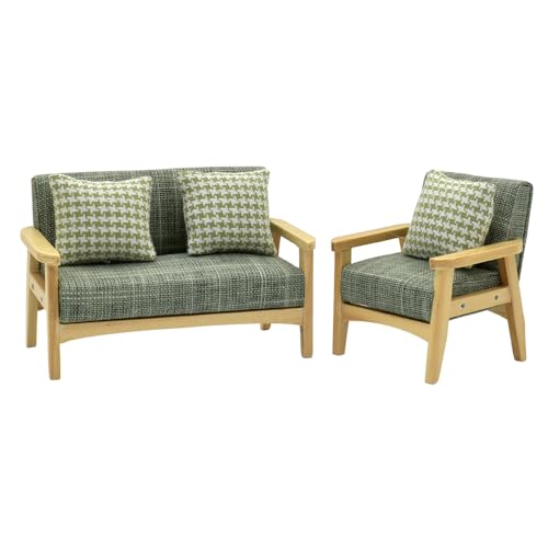 Grey Green Dollhouse Couch and Miniature Sofa Set with Mini Houndstooth Cushions I836048