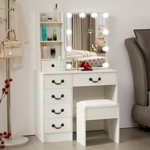White Vanity Desk with Mirror and Light and Drawers Y229519