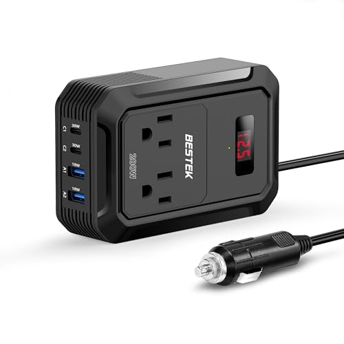 200W Car Power Inverter DC 12V to 110V AC Converter with 2 USB-C and 2 USB-QC LCD Screen Dual AC Adapter T98957